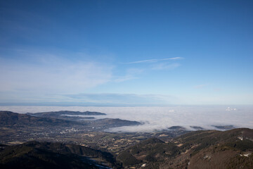 Inversion - landscape with hills and fog and foggy weather in the lowlands. Beskid mountains, Czech Republic, Cezchia.