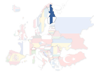 3D Europakarte auf der Finnland hervorgehoben wird und die restlichen Flaggen transparent sind	