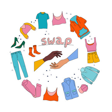 Swap party in doodle style.Hands are making exchange.Giving your wardrobe second chance banner.Clothes donation and charity concept.Garment items are around.Contribution in Eco lifestyle,recycling.