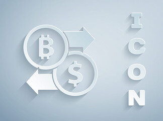 Paper cut Cryptocurrency exchange icon isolated on grey background. Bitcoin to dollar exchange icon. Cryptocurrency technology, mobile banking. Paper art style. Vector.