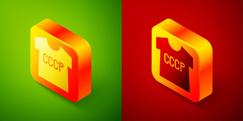 Isometric USSR t-shirt icon isolated on green and red background. Square button. Vector.