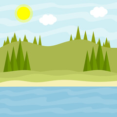 Obraz premium Natural scenery. Green grass, trees. Forest lake and pond. Beautiful summer place to relax and landscape. Cartoon flat illustration