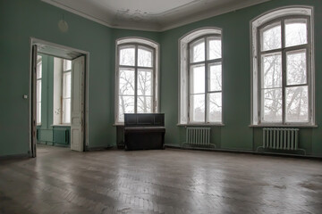 An empty room with a piano in an abandoned manor. Nice windows and doorway. Vintage interior.
