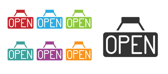 Black Hanging sign with text Open door icon isolated on white background. Set icons colorful. Vector.