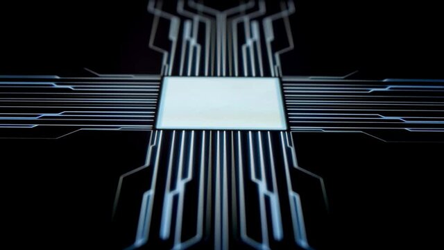 Human finger is pressing a digital button on a touchscreen. Futuristic microprocessor is starting the operation of the computer program. Machine learning and artificial intelligence concept.