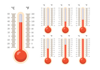 Red thermometers with different levels isolated on white background. Celsius and Fahrenheit scale in flat style. Vector stock
