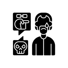 Racial cyberbullying black glyph icon. Discrimination by ethnicity. Negative comment towards upset person. Prejudice and hate. Silhouette symbol on white space. Vector isolated illustration