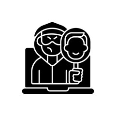 Online impersonation black glyph icon. Cyberbullying and cyberharassment. Internet crime. Online attack on personal privacy. Silhouette symbol on white space. Vector isolated illustration