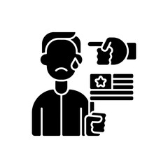 Political cyberbullying black glyph icon. Offensive comment. Victim of discrimination. Shaming for politics. Threat to upset person. Silhouette symbol on white space. Vector isolated illustration