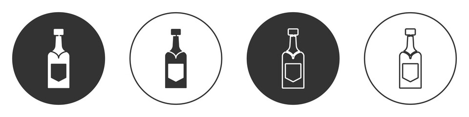 Black Champagne bottle icon isolated on white background. Circle button. Vector.