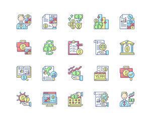 Accounting RGB color icons set. Business controlling methods. Accounting software for your company. Tax accounting process. Isolated vector illustrations