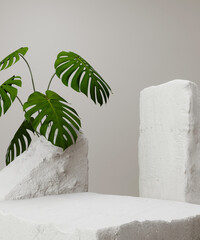 Abstract minimal background mock up for product presentation and branding with white cream green color. Fashion podium with clean modern rock and monstera plant . 3D rendering illustration. © Kueakoon