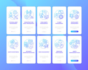 Asset management types onboarding mobile app page screen with concepts set. Amortization rates, plan walkthrough 5 steps graphic instructions. UI vector template with RGB color illustrations