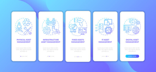 Asset control types onboarding mobile app page screen with concepts. IT and infrastructure managing walkthrough 5 steps graphic instructions. UI vector template with RGB color illustrations