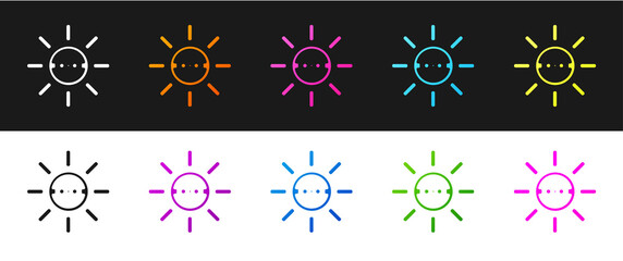 Set Solar energy panel icon isolated on black and white background. Sun with lightning symbol. Vector.