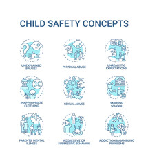 Child safety turquoise concept icons set. Parental neglect. Domestic abuse. Children welfare. Kids protection idea thin line RGB color illustrations. Vector isolated outline drawings. Editable stroke