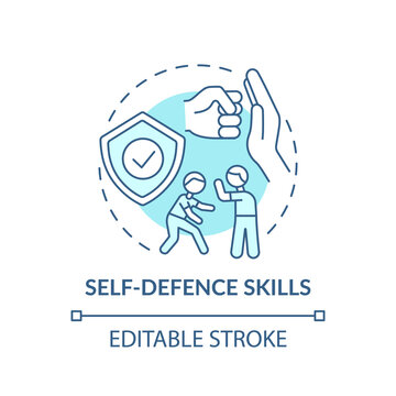 Self-defense skills turquoise concept icon. Practice fighting. Martial art classes. Child safety idea thin line illustration. Vector isolated outline RGB color drawing. Editable stroke