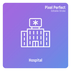 Hospital building thin line icon. Nursing house, geriatrics. Pixel perfect, editable stroke. Vector illutration.