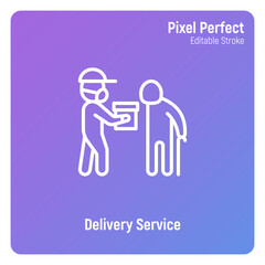 Social care, delivery service for elderly people. Volunteer with groceries. Safety delivery, courier in surgical mask. Thin line icon. Pixel perfect, editable stroke. Vector illustration.