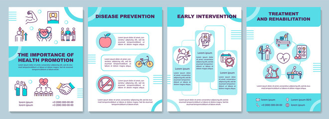 Fototapeta na wymiar Health promotion importance brochure template. Disease prevention. Flyer, booklet, leaflet print, cover design with linear icons. Vector layouts for magazines, annual reports, advertising posters