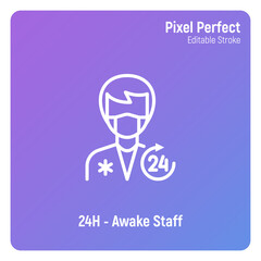 Nursing care, medical staff 24 hr. Man in uniform and surgical mask. Thin line icon. Pixel perfect, editable stroke. Vector illustration.