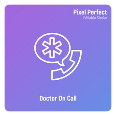 Obraz premium Doctor on call, emergency service, medical support. Thin line icon. Pixel perfect, editable stroke. Vector illustration.