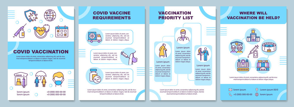 Covid vaccination brochure template. Requirements, priority list. Flyer, booklet, leaflet print, cover design with linear icons. Vector layouts for magazines, annual reports, advertising posters