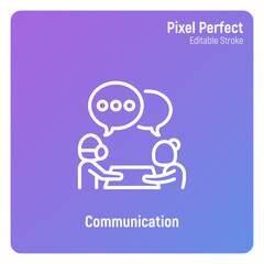 Communication in nursing home: caregiver is talking with elderly person. Thin line icon. Assisted living in nurse house. Psychological help. Pixel perfect, editable stroke. Vector illustration.