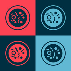 Pop art Petri dish with bacteria icon isolated on color background. Vector.
