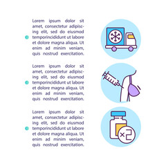 Covid vaccine requirements concept icon with text. Deep-freeze delivery chain. Intramuscular injection. PPT page vector template. Brochure, magazine, booklet design element with linear illustrations