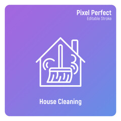 House cleaning service thin line icon. Broom in house. Pixel perfect, editable stroke. Vector illustration.