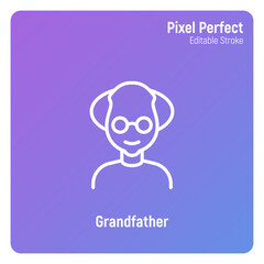 Grandfather in eyeglasses. Elderly people. Thin line icon. Pixel perfect, editable stroke. Vector illustration.