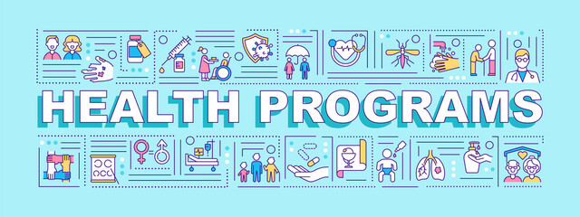 Obraz premium Health programs word concepts banner. Disease control, injury prevention. Infographics with linear icons on turquoise background. Isolated typography. Vector outline RGB color illustration