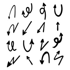 The collection of hand drawn arrows. Arrows set on the white background. Vector EPS 10.