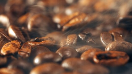 Freshly roasted coffee beans with smoke.