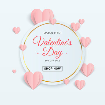 Valentines day sale background with paper Heart. Cute sale banner or greeting card. Vector illustration