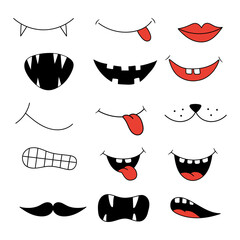 Face mask design. Set of funny mouth masks. Print design concept on reusable face protection masks.  Coronavirus face protection symbol. Smile template for virus protective mask. Vector illustration.