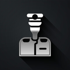 Silver Captain of ship icon isolated on black background. Travel tourism nautical transport. Voyage passenger ship, cruise liner. Long shadow style. Vector.
