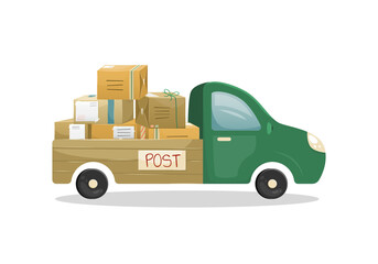 Vector illustration of a truck with an open trailer with a bunch of mail parcels in boxes. Mail delivery.