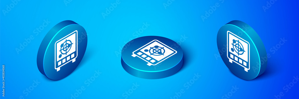 Poster isometric radar with targets on monitor in searching icon isolated on blue background. search system