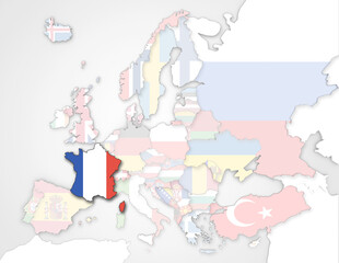 Obraz premium 3D Europakarte auf der Frankreich hervorgehoben wird und die restlichen Flaggen transparent sind 