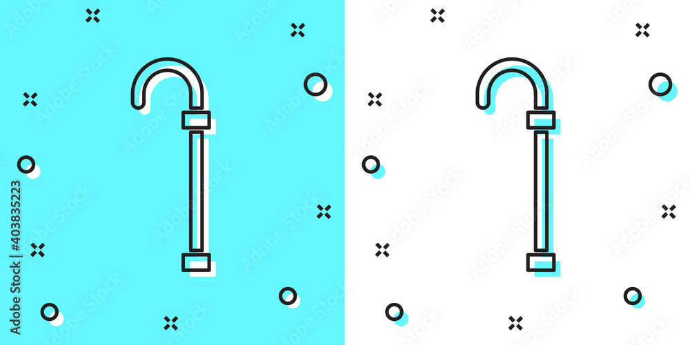 Poster black line walking stick cane icon isolated on green and white background. random dynamic shapes. ve