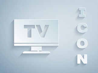 Paper cut Smart Tv icon isolated on grey background. Television sign. Paper art style. Vector.