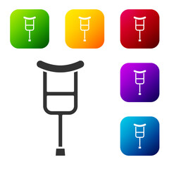 Black Crutch or crutches icon isolated on white background. Equipment for rehabilitation of people with diseases of musculoskeletal system. Set icons in color square buttons. Vector.