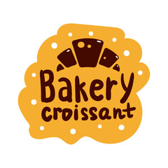 Bakery Croissant product logo and icon with lettering. Flat Bagel and croissant and baguette silhouettes with signs for pastry food shop. Food of dough and flour badges vector isolated