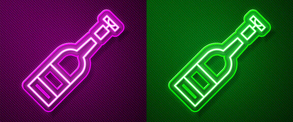 Glowing neon line Opened bottle of wine icon isolated on purple and green background. Vector Illustration.