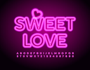 Vector cute text Sweet Love with Decorative Heart. Pink Neon Font. Glowing Alphabet Letters and Numbers set
