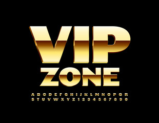Vector premium logo Vip Zone. Elite shiny Font. Gold Alphabet Letters and Numbers set