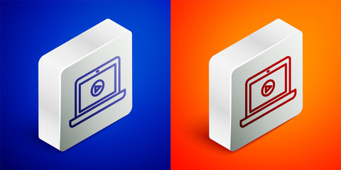Isometric line Online play video icon isolated on blue and orange background. Laptop and film strip with play sign. Silver square button. Vector Illustration.