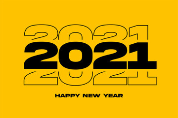 Happy new year 2021 with black numbers on a bright yellow background.